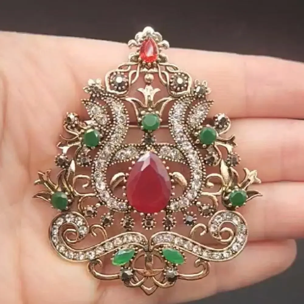 Palace Style Elegant Rhinestone Brooch Red Center Stone Victorian Vibes